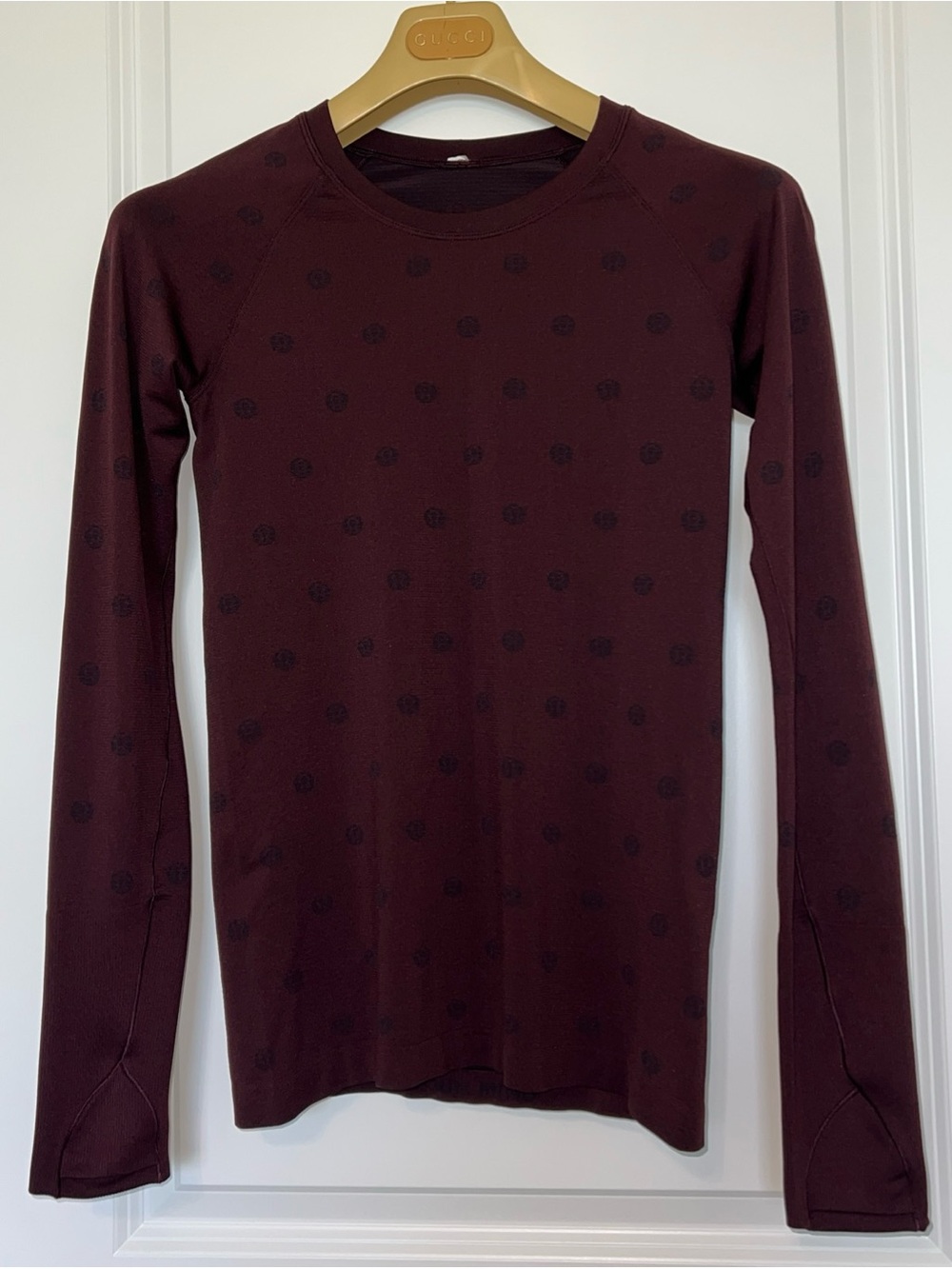 Lululemon Long Sleeve Crewneck Top Deep Burgundy with logo all over 6 GREAT